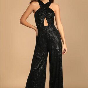 LULUS Size SMALL Shining Confidence Black Sequin Cutout Halter Wide Leg Jumpsuit